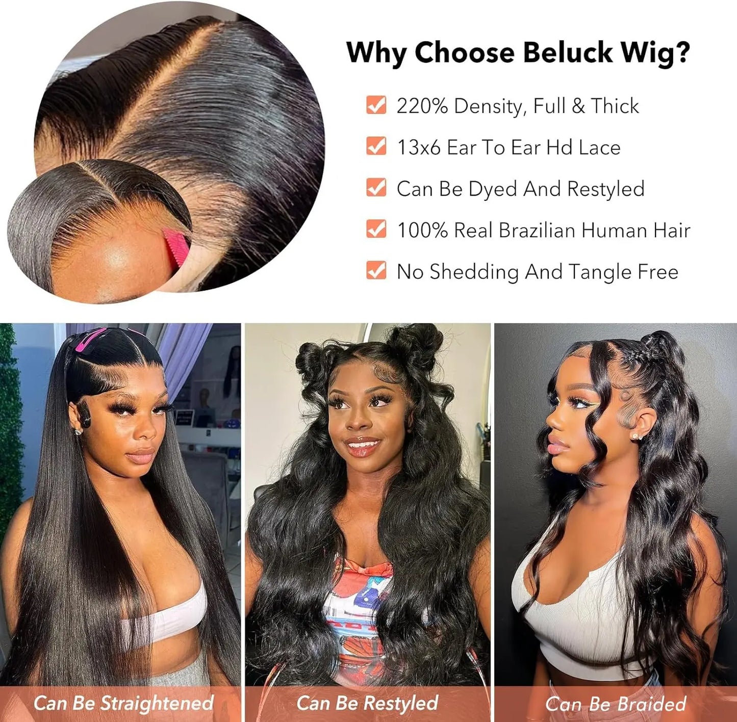 Beluck Glueless 13X6 Lace Front Wigs Human Hair with Drawstring 220% Density Body Wave Human Hair Wig Ear to Ear HD Lace Frontal Pre Plucked Wear Go Glueless Wigs Human Hair