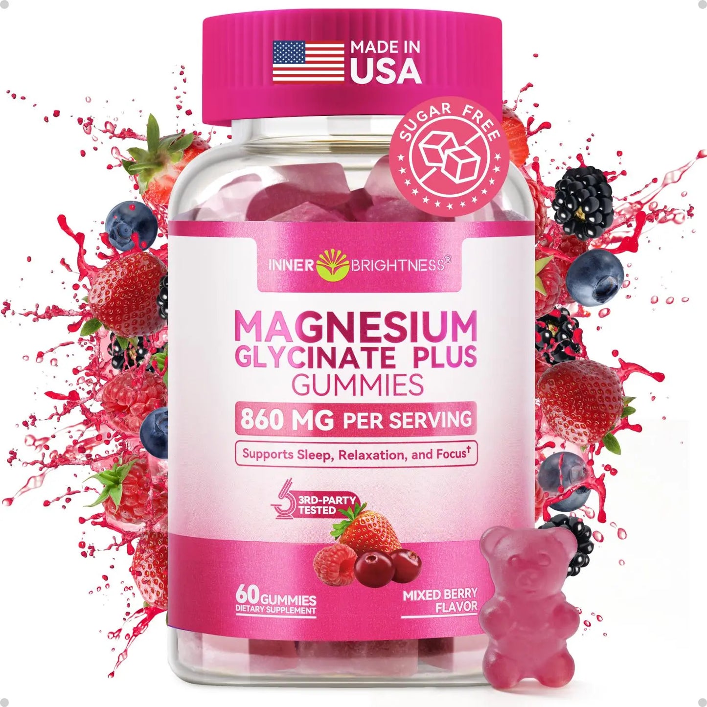 Inner Brightness Clean Magnesium Complex Gummies, Sugar-Free, 860Mg with 3 Essential Magnesium—Glycinate, Taurate, and Citrate—For Sleep, Muscle & Heart Health