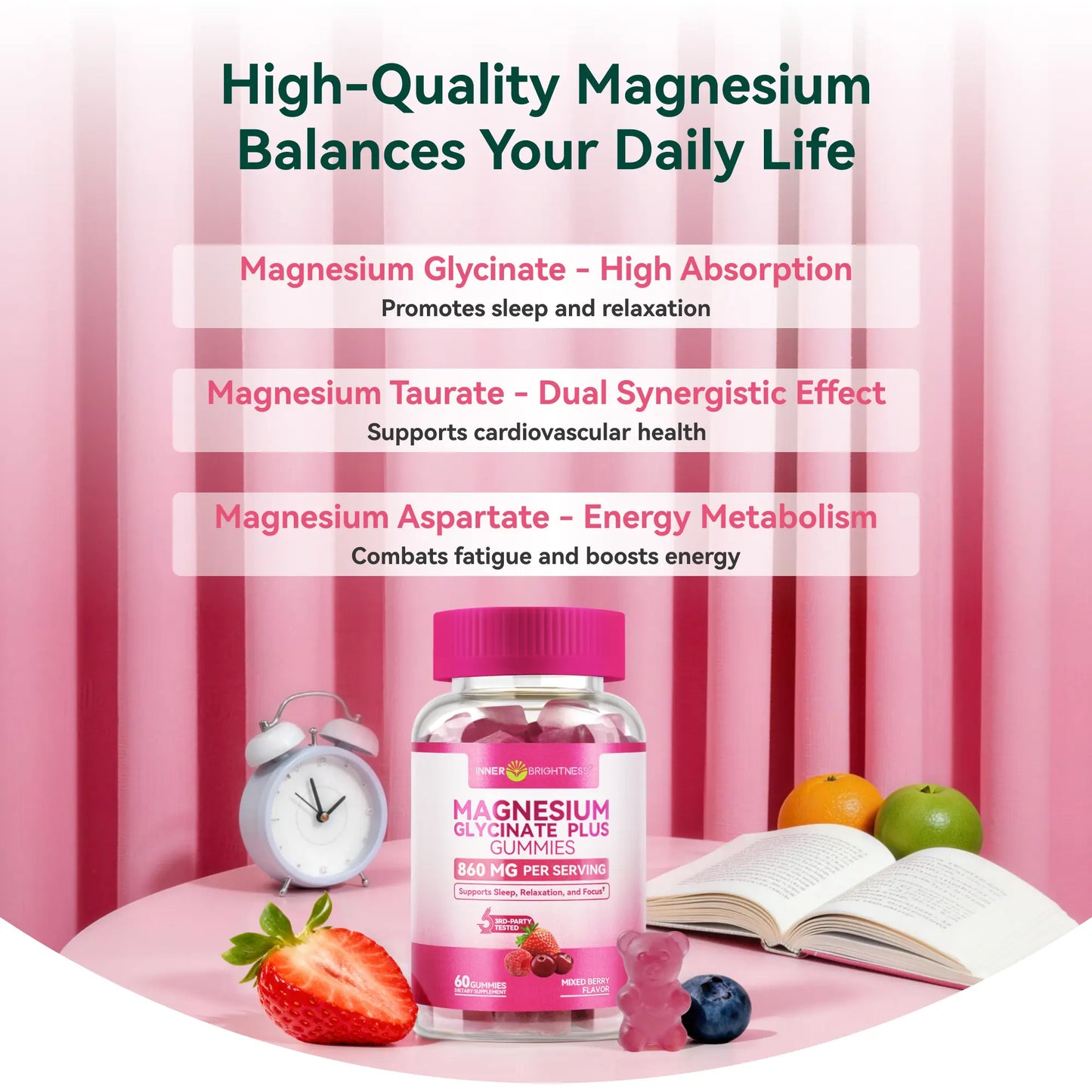 Inner Brightness Clean Magnesium Complex Gummies, Sugar-Free, 860Mg with 3 Essential Magnesium—Glycinate, Taurate, and Citrate—For Sleep, Muscle & Heart Health
