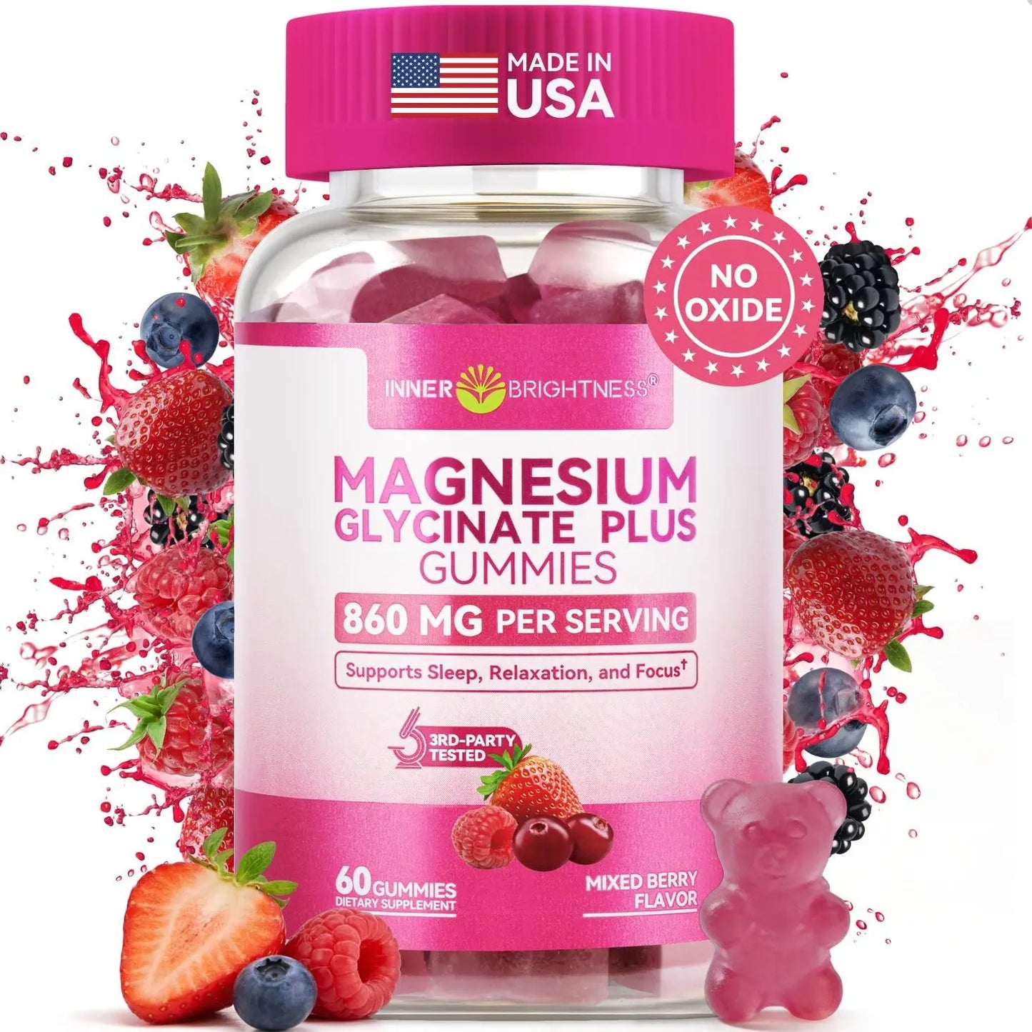 Inner Brightness Clean Magnesium Complex Gummies, Sugar-Free, 860Mg with 3 Essential Magnesium—Glycinate, Taurate, and Citrate—For Sleep, Muscle & Heart Health